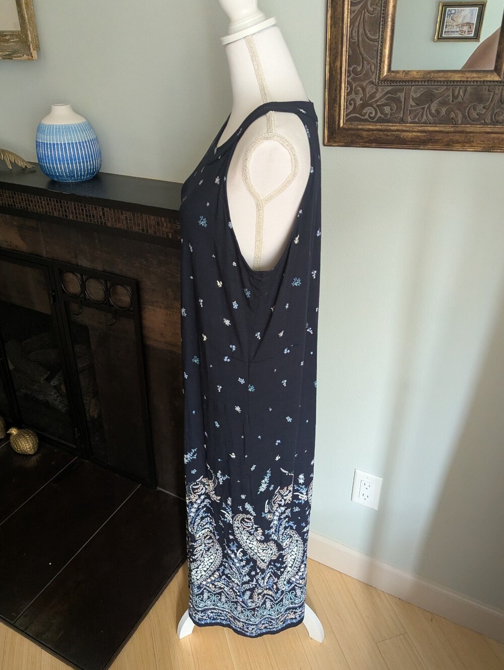 J.Jill Women's Large Paisley Floral Sleeveless Maxi Dress Navy Blue Jersey Knit - Picture 4 of 11